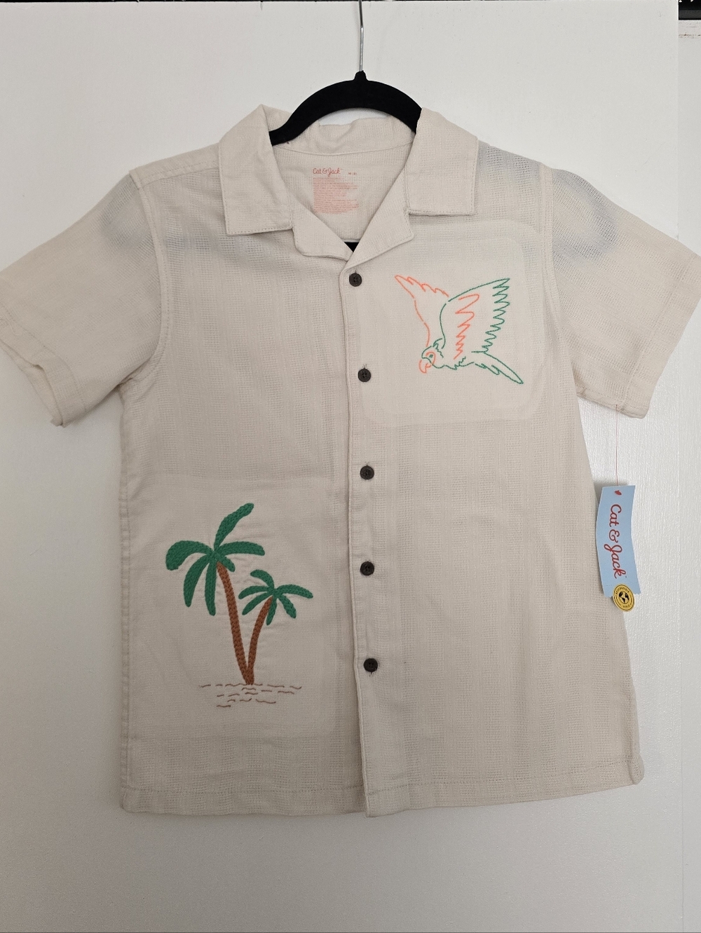Boy's Embroided Tropical Shirt , Short Sleeve Button Down, Lightweight